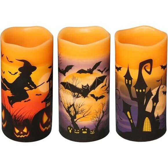Halloween LED Flameless Candles Set of 3 Orange Wax Timer Flickering Decor - Picture 7 of 7